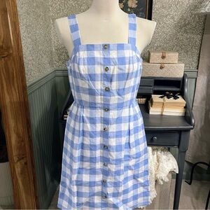 J. Crew Summer Fun Linen Plaid Checkered Coastal City Chic Blue White Dress 4